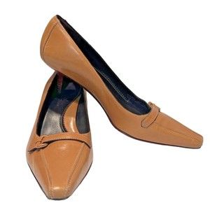 Cole Haan Kitten Heel Pumps Caramel Leather Pointed Squared Toe Strap Buckle 7.5